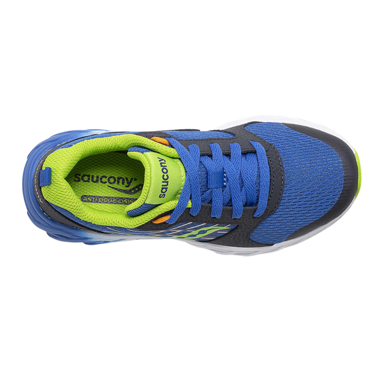 Blue and lime athletic sneaker with blue laces, black overlays, and visible Saucony branding