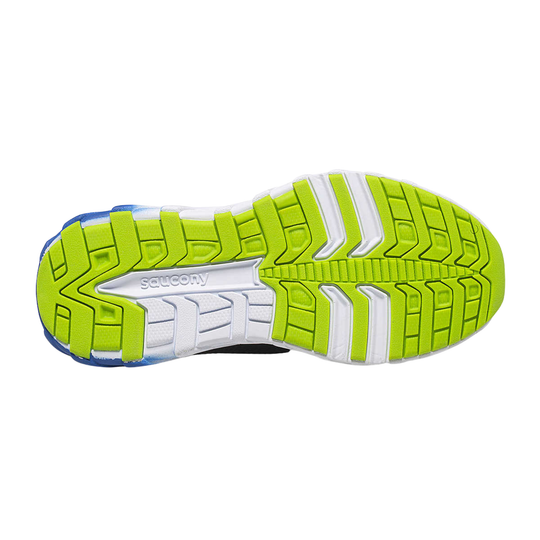 Sole of a running shoe with green and white sole pattern on a white background