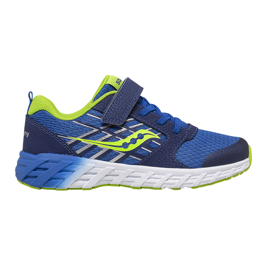 Blue and green running shoe with white sole on a white background