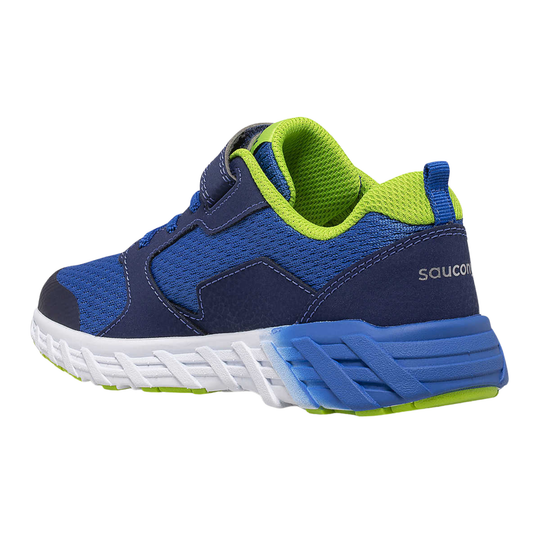 Blue and lime kids' sneaker with mesh upper, white sole, and partial Saucony branding