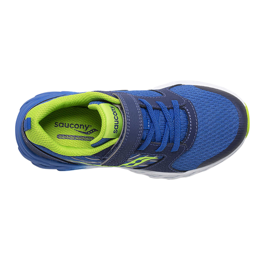 Blue and lime kids' athletic shoe with hook-and-loop strap, blue laces, and mesh upper
