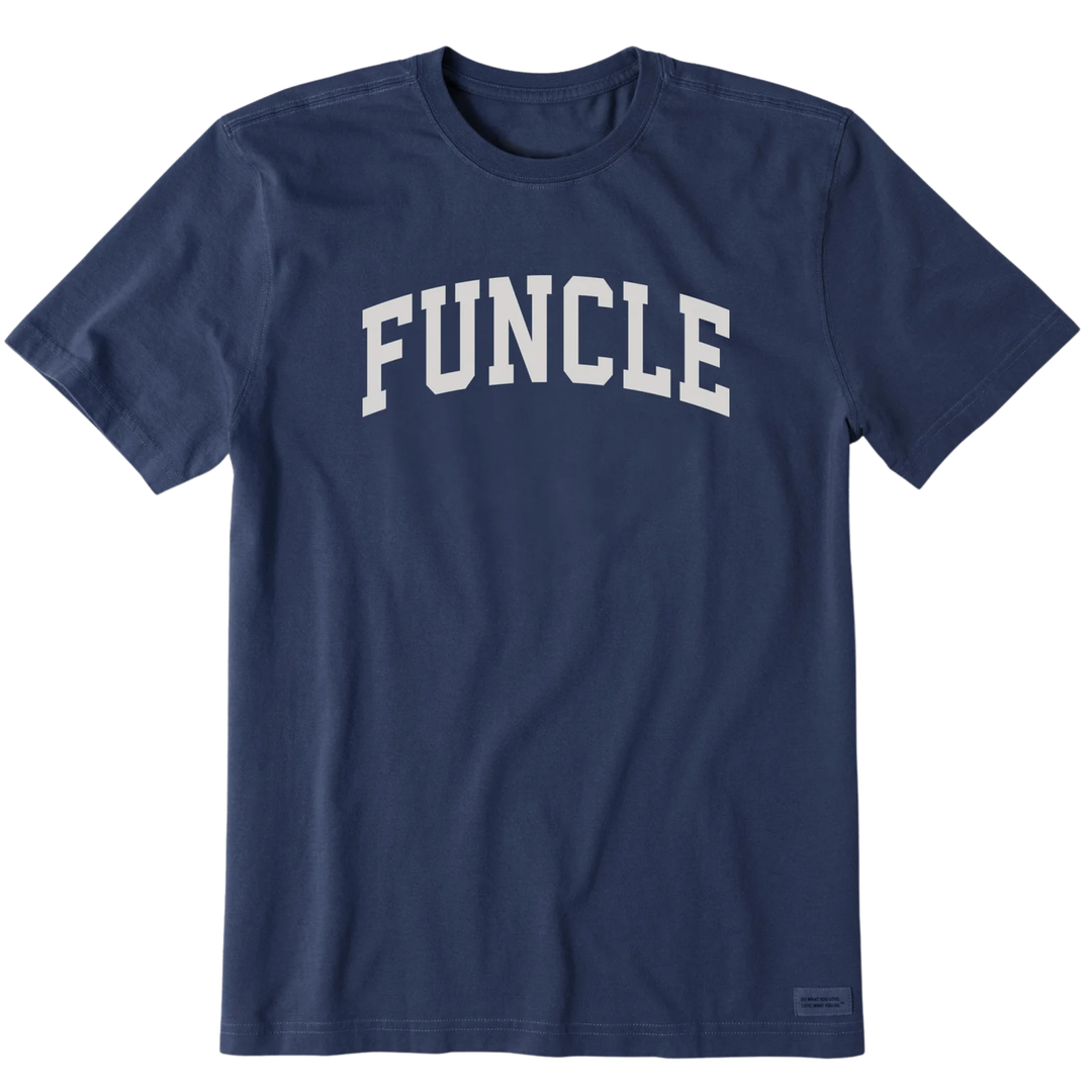 Navy blue t-shirt with 'FUNCLE' text on a white background