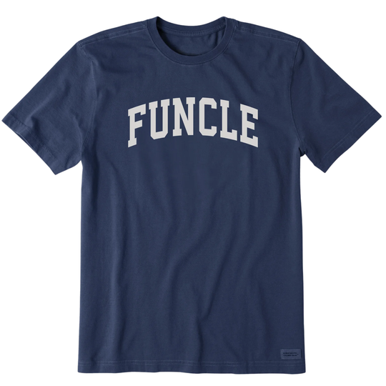 Navy blue t-shirt with 'FUNCLE' text on a white background