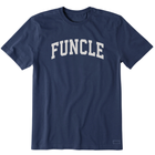 Navy blue t-shirt with 'FUNCLE' text on a white background