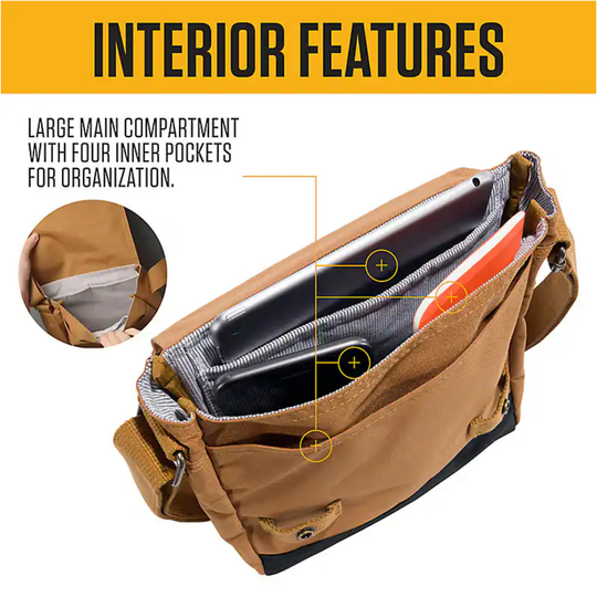 A tan crossbody bag shown open on a white background with the text 'INTERIOR FEATURES' and a callout describing the large main compartment and four inner pockets. The image includes a circular inset showing the interior lining and a close-up of the bag's interior compartments with a phone and cardholder visible.