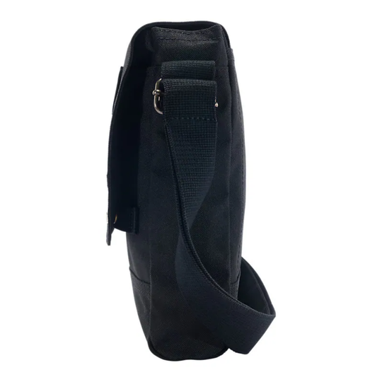 Black sling bag on a white background