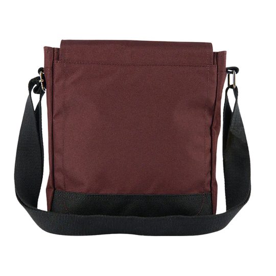 Brown crossbody bag with black straps on a white background