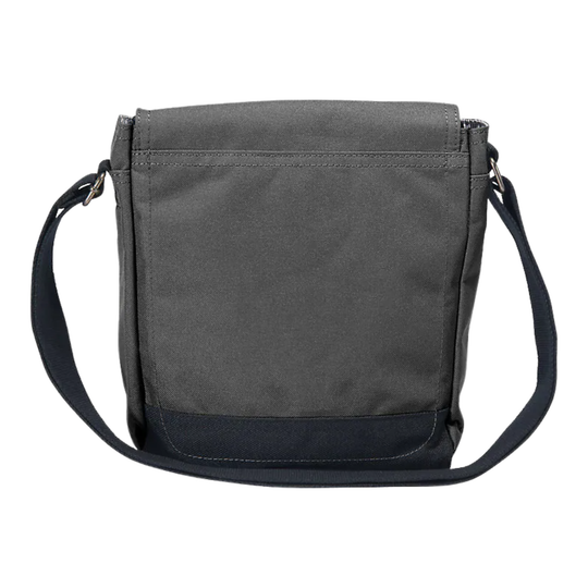 A dark gray canvas messenger bag with a black bottom panel and matching black shoulder strap, shown against a plain white background.