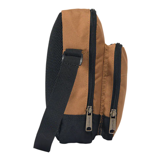 Brown and black sling bag with zippers on a white background