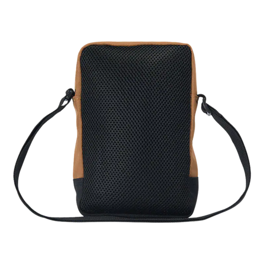 Black mesh bag with brown accents and a shoulder strap on a white background