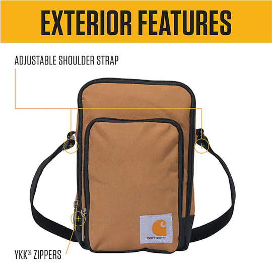 Brown bag with Carhartt logo on a yellow background, highlighting exterior features.