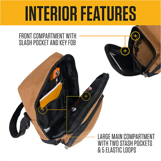 Brown bag with interior features highlighted, including a slash pocket and key fob.