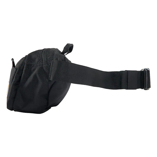 Black waist bag with a strap on a white background