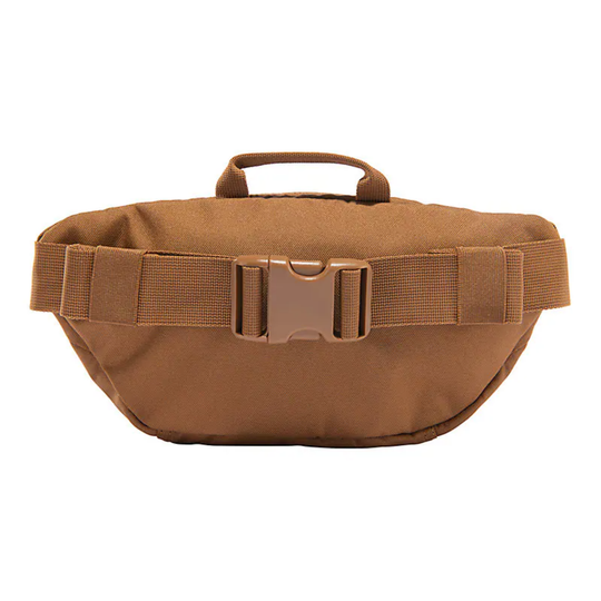 Brown waist bag with a buckle on a white background