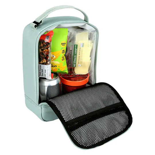 Mint green insulated lunch bag with snacks and drinks on a white background
