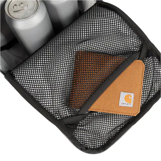 Mesh pouch with brown corner and Carhartt logo, containing a can.