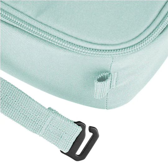 Light blue waist bag with a strap and black buckle on a white background