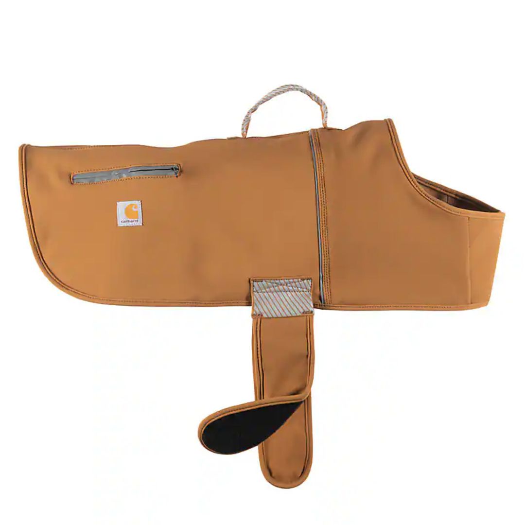 Brown dog coat with a Carhartt logo patch, zipper pocket, and adjustable belly strap on a white background