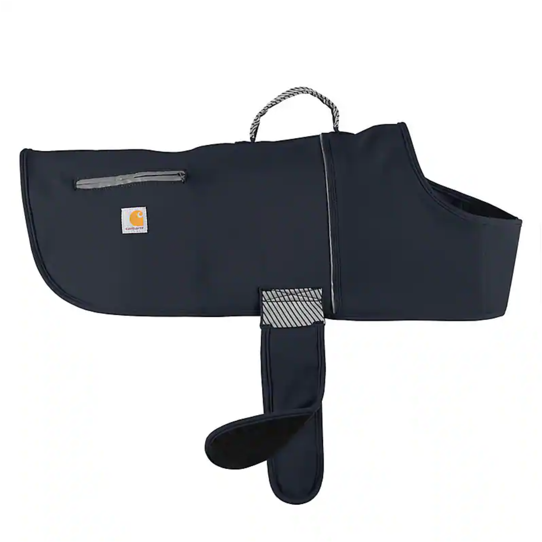 Black dog coat with Carhartt logo on a white background