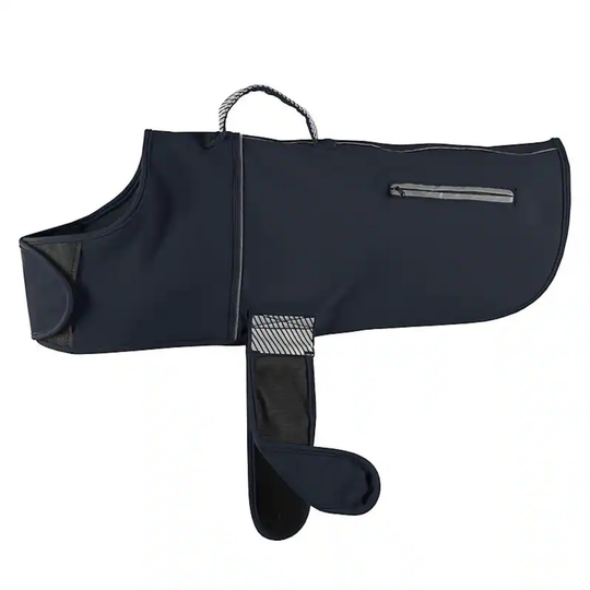 Black dog coat with a patterned patch on a white background