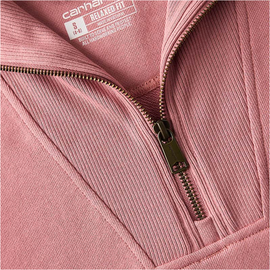 Rose pink ribbed half-zip sweatshirt with gold zipper and printed chest label