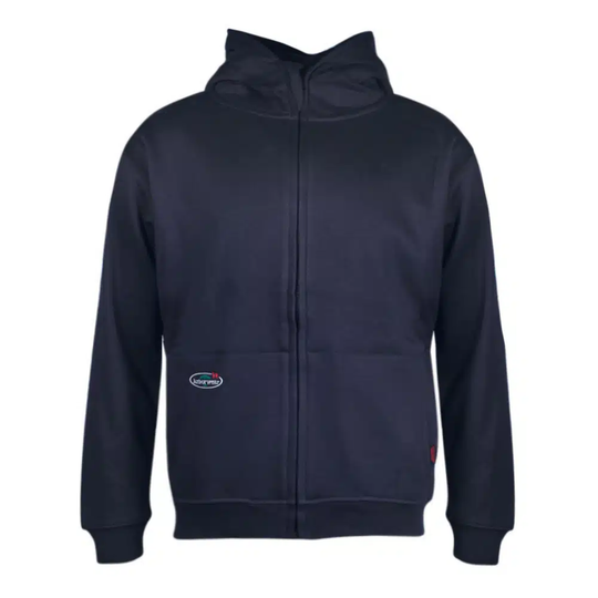 Navy blue hoodie with a brand logo on a white background
