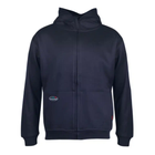 Navy blue hoodie with a brand logo on a white background