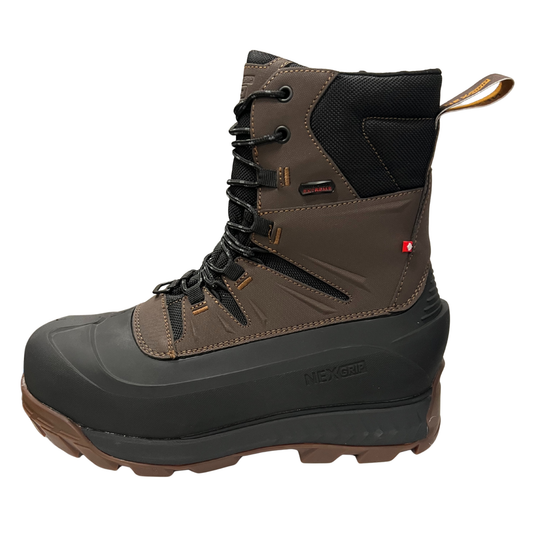 Brown and black winter boot with visible brand logo on a white background
