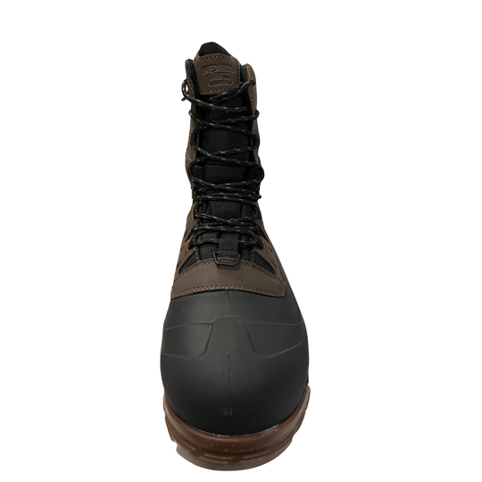 Black and brown boot on a white background