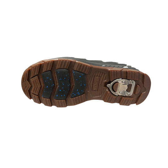Close-up of a brown shoe sole with a metal buckle on a white background