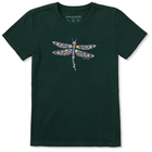 Dark green t-shirt with a colorful dragonfly design on a white background