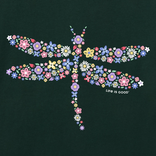 Floral dragonfly design with 'Life is Good' text on a dark background