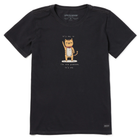 Black t-shirt with a cartoon cat graphic and text on a white background