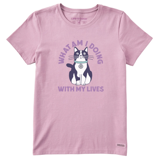 Pink t-shirt with a cat graphic and text on a white background