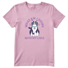 Pink t-shirt with a cat graphic and text on a white background