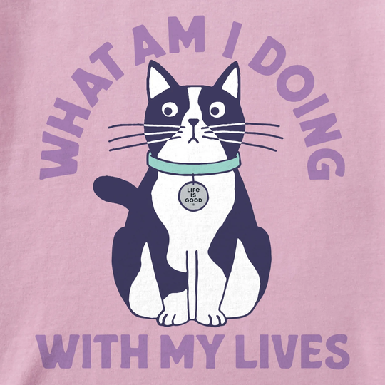 T-shirt with a cat illustration and text on a pink background