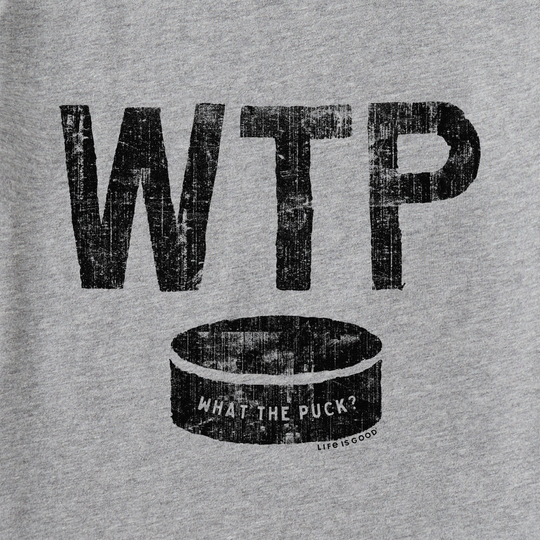 Gray t-shirt with 'WTP What The Puck?' design on a gray background