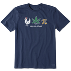 Navy blue t-shirt with 'Life is Good' graphic featuring a chicken, marijuana leaf, and pi symbol on a white background.