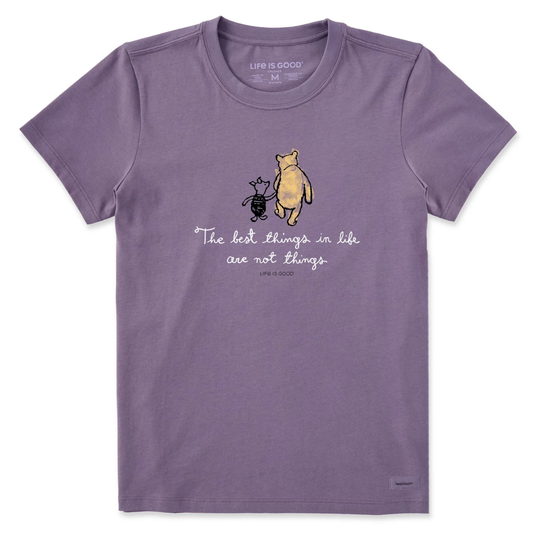 Purple t-shirt with cartoon bear and text on a white background