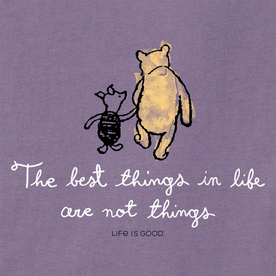 Illustration of a bear and a mouse with a quote on a purple background, featuring the 'Life is Good' brand.