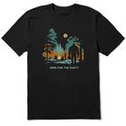 Black t-shirt with a graphic of a bear in a forest and 'Here for the Party' text on a white background