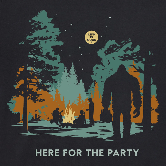 T-shirt design with a forest scene, campfire, and silhouette of a person with 'Here for the Party' text.