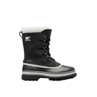 Black winter boot with white sole on a white background