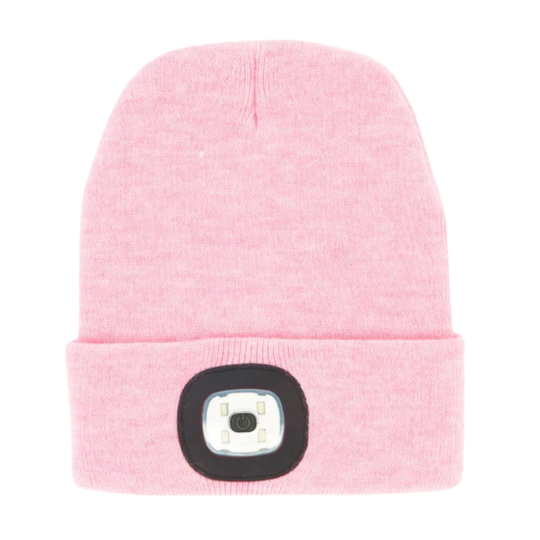 Pink beanie with a light on a white background