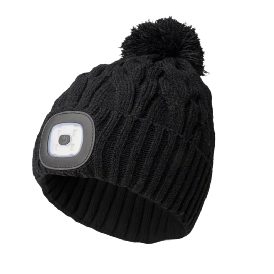 Black knit beanie with a LED light on a white background