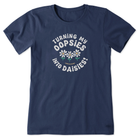 Navy blue t-shirt with white graphic and text on a white background