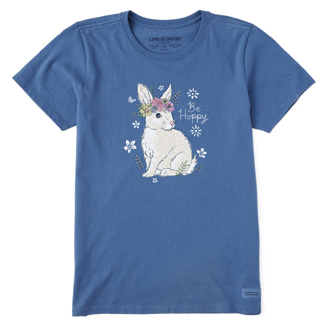 Blue t-shirt with a white rabbit graphic and 'Be Happy' text on a white background