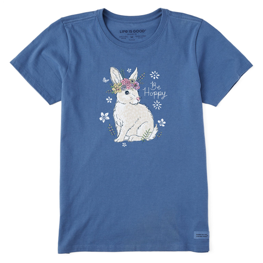 Blue t-shirt with a white rabbit graphic and 'Be Happy' text on a white background