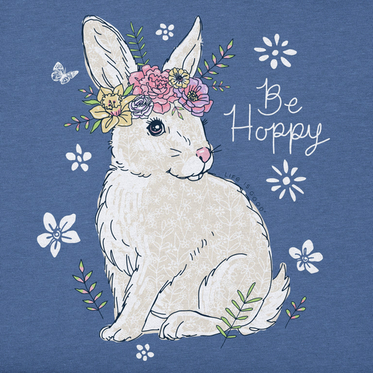 Illustration of a rabbit with floral crown on a blue background with flowers and text