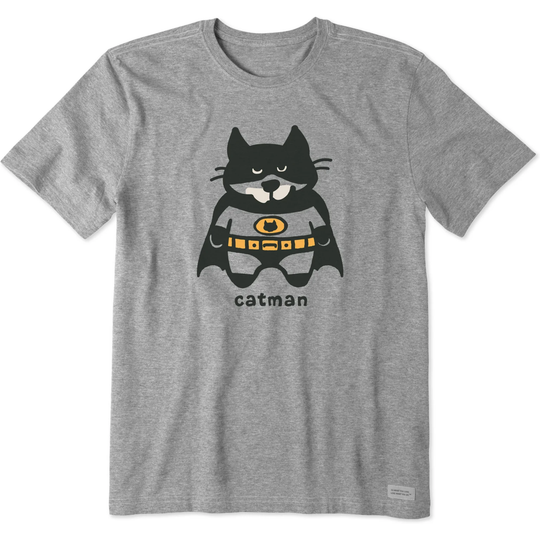 Gray t-shirt with a 'Catman' graphic design on a white background